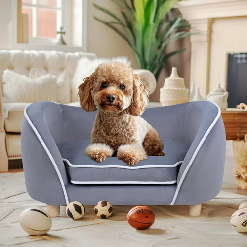 "gray 27-inch pet sofa with cushion, removable cover and wooden legs for small dogs and cats"